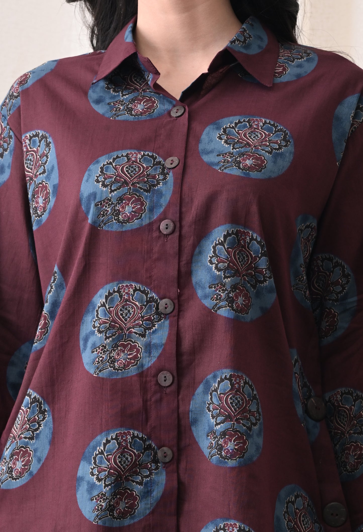 Plum & Indigo Hand-Block Print Shirt & Draped Utility Dhoti Co-ord Set