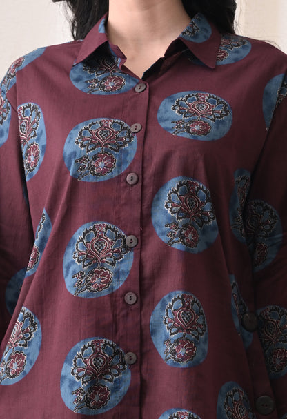 Plum & Indigo Hand-Block Print Shirt & Draped Utility Dhoti Co-ord Set