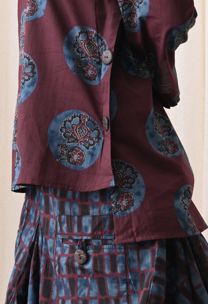 Plum & Indigo Hand-Block Print Shirt & Draped Utility Dhoti Co-ord Set