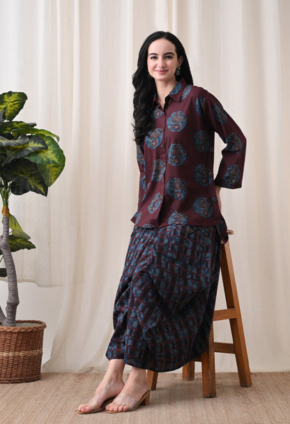Plum & Indigo Hand-Block Print Shirt & Draped Utility Dhoti Co-ord Set