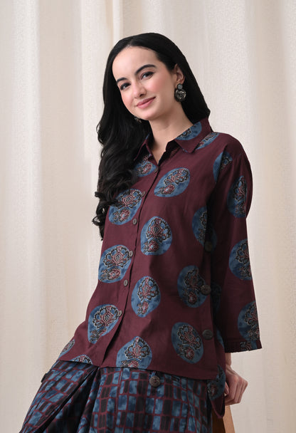 Plum & Indigo Hand-Block Print Shirt & Draped Utility Dhoti Co-ord Set