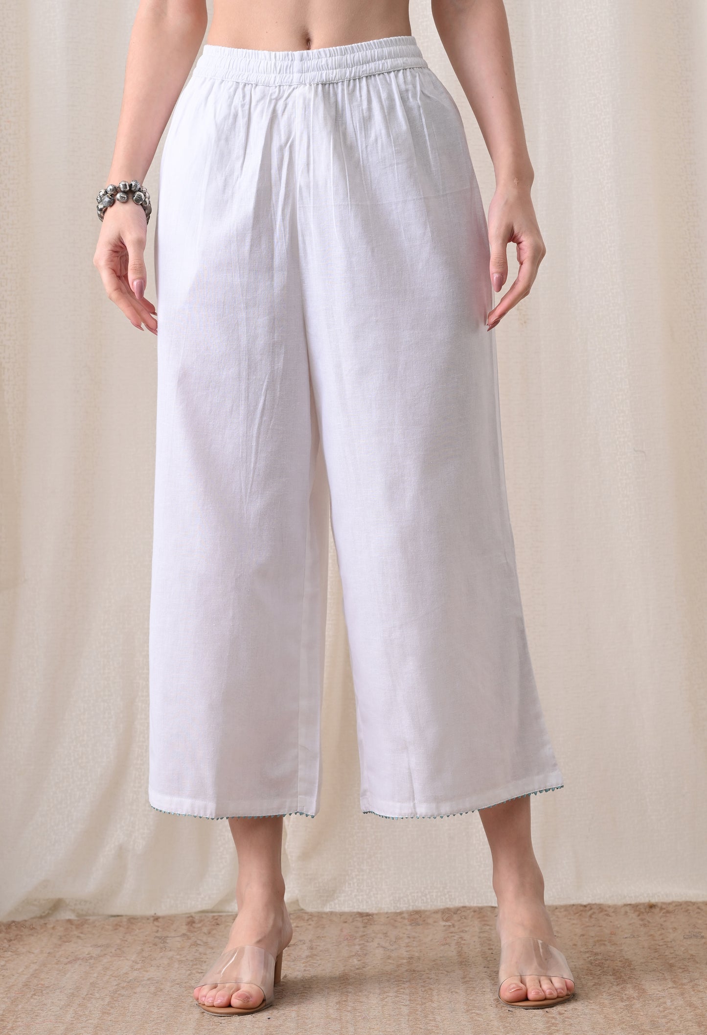 White & Turquoise Hand-Block Cotton Tunic & Wide-Leg Trouser Set