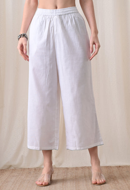White & Turquoise Hand-Block Cotton Tunic & Wide-Leg Trouser Set