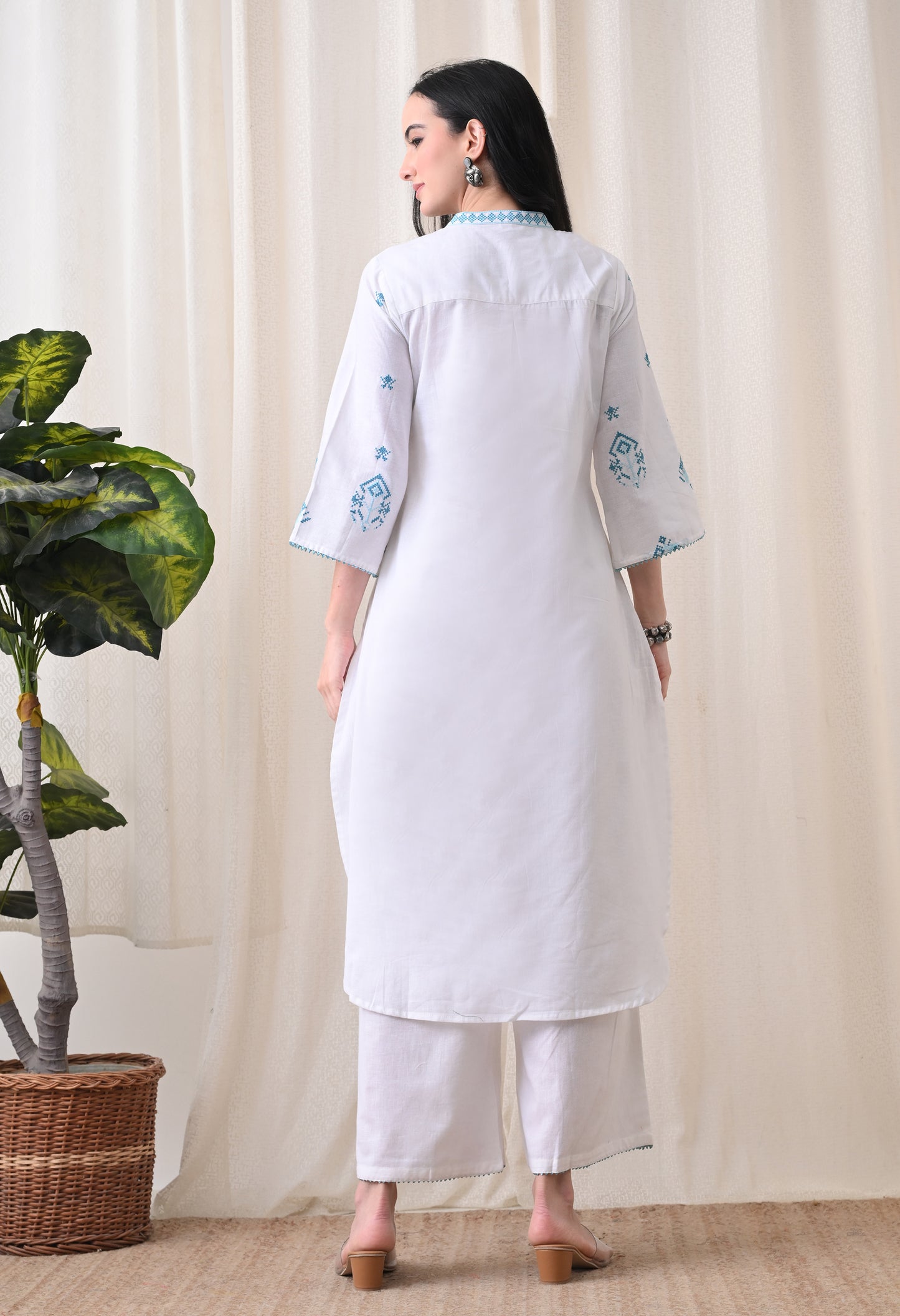 White & Turquoise Hand-Block Cotton Tunic & Wide-Leg Trouser Set