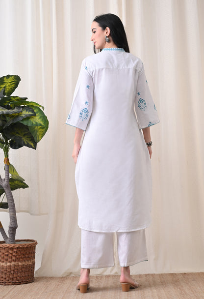 White & Turquoise Hand-Block Cotton Tunic & Wide-Leg Trouser Set