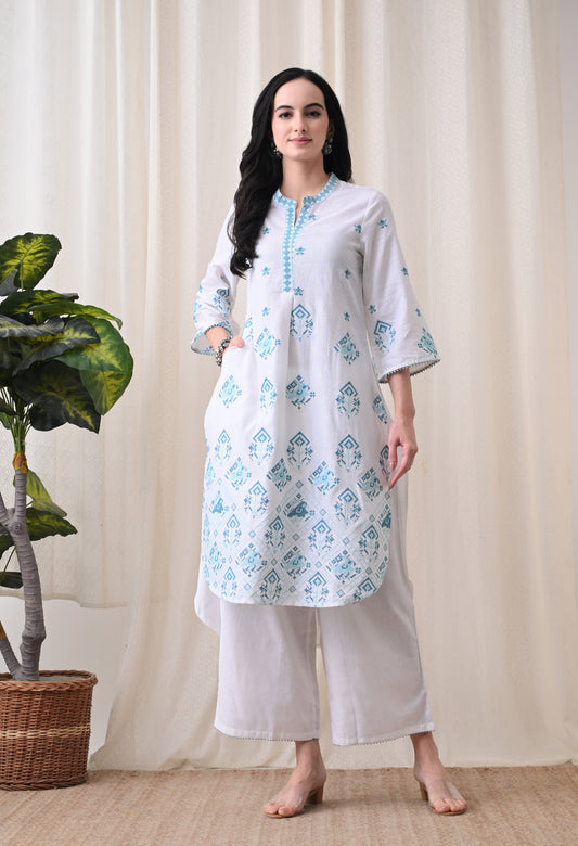 White & Turquoise Hand-Block Cotton Tunic & Wide-Leg Trouser Set