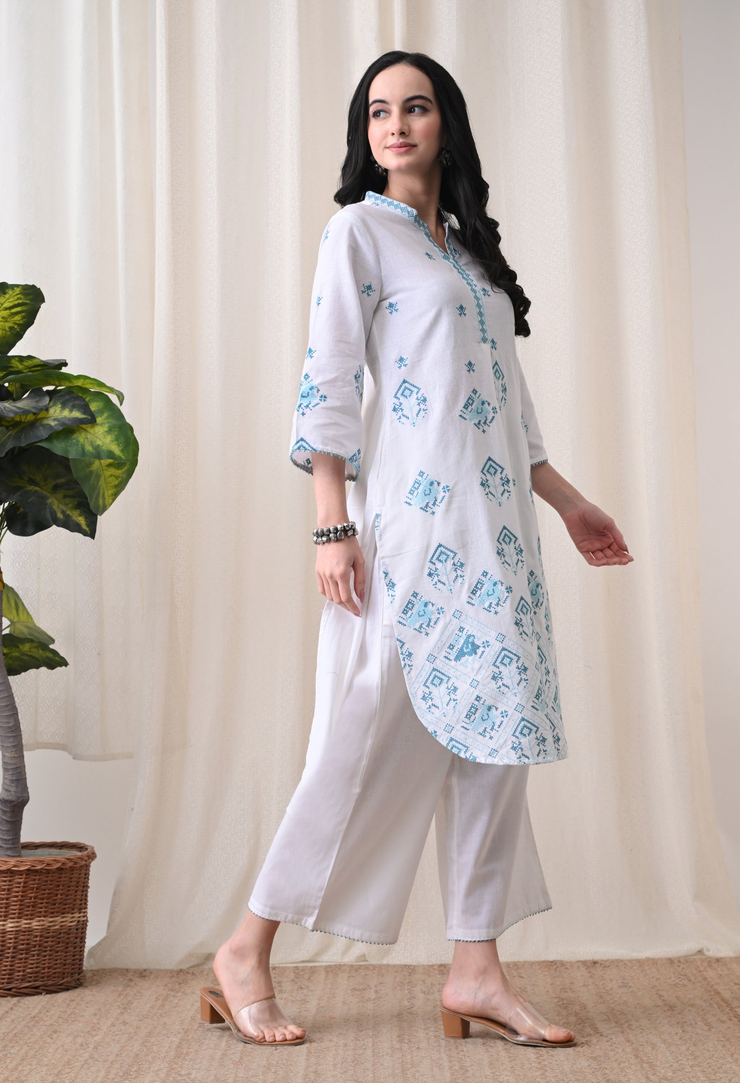 White & Turquoise Hand-Block Cotton Tunic & Wide-Leg Trouser Set
