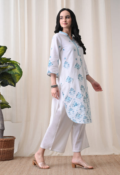 White & Turquoise Hand-Block Cotton Tunic & Wide-Leg Trouser Set
