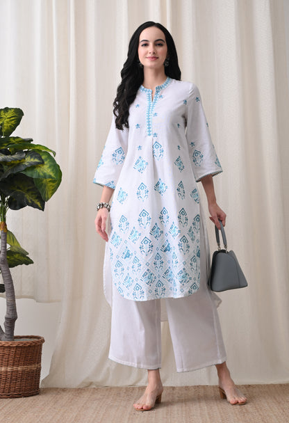 White & Turquoise Hand-Block Cotton Tunic & Wide-Leg Trouser Set