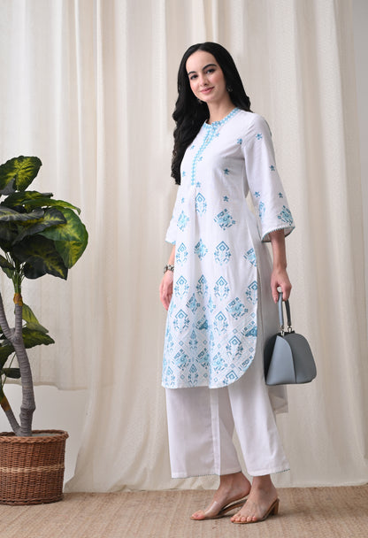 White & Turquoise Hand-Block Cotton Tunic & Wide-Leg Trouser Set