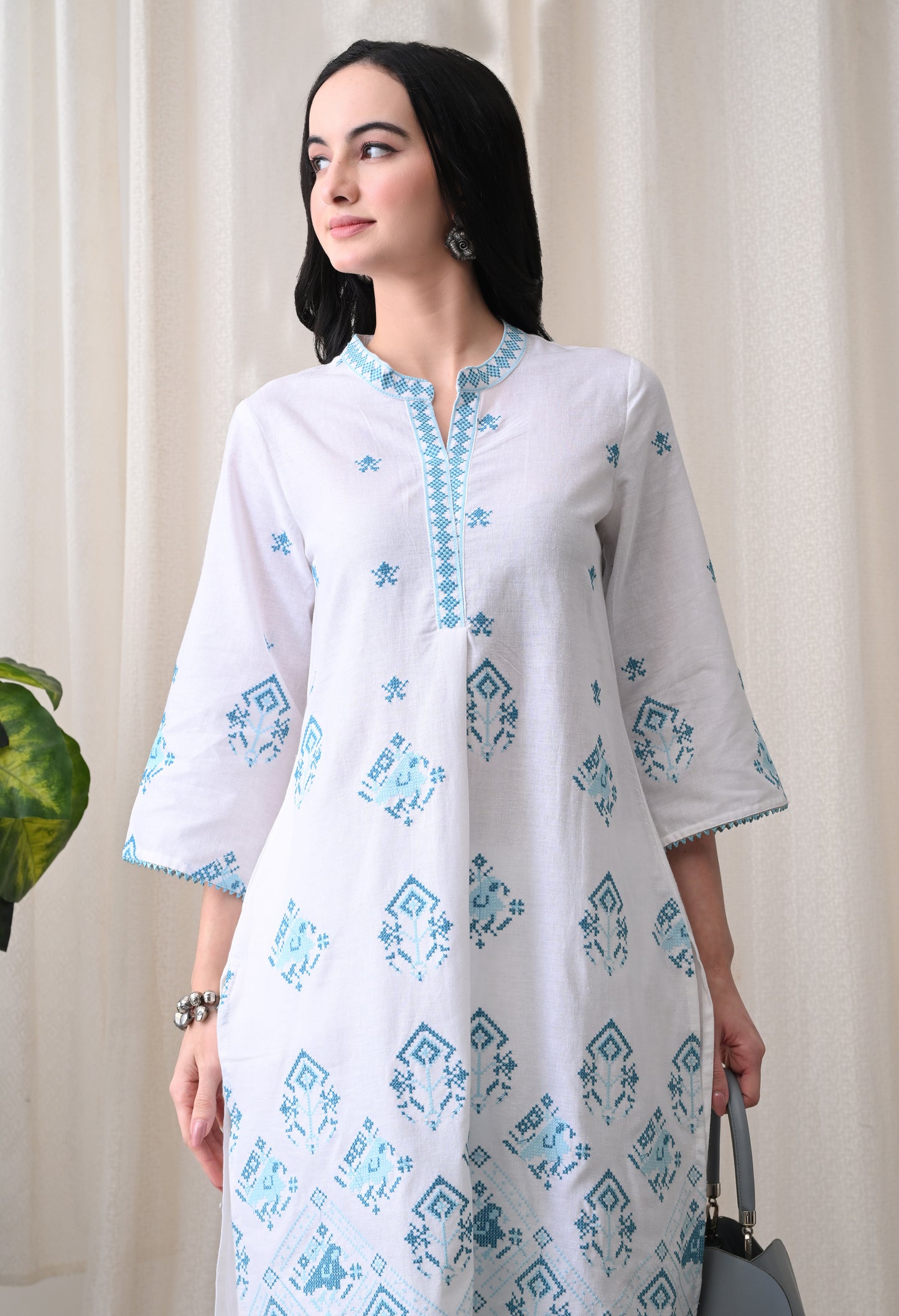 White & Turquoise Hand-Block Cotton Tunic & Wide-Leg Trouser Set