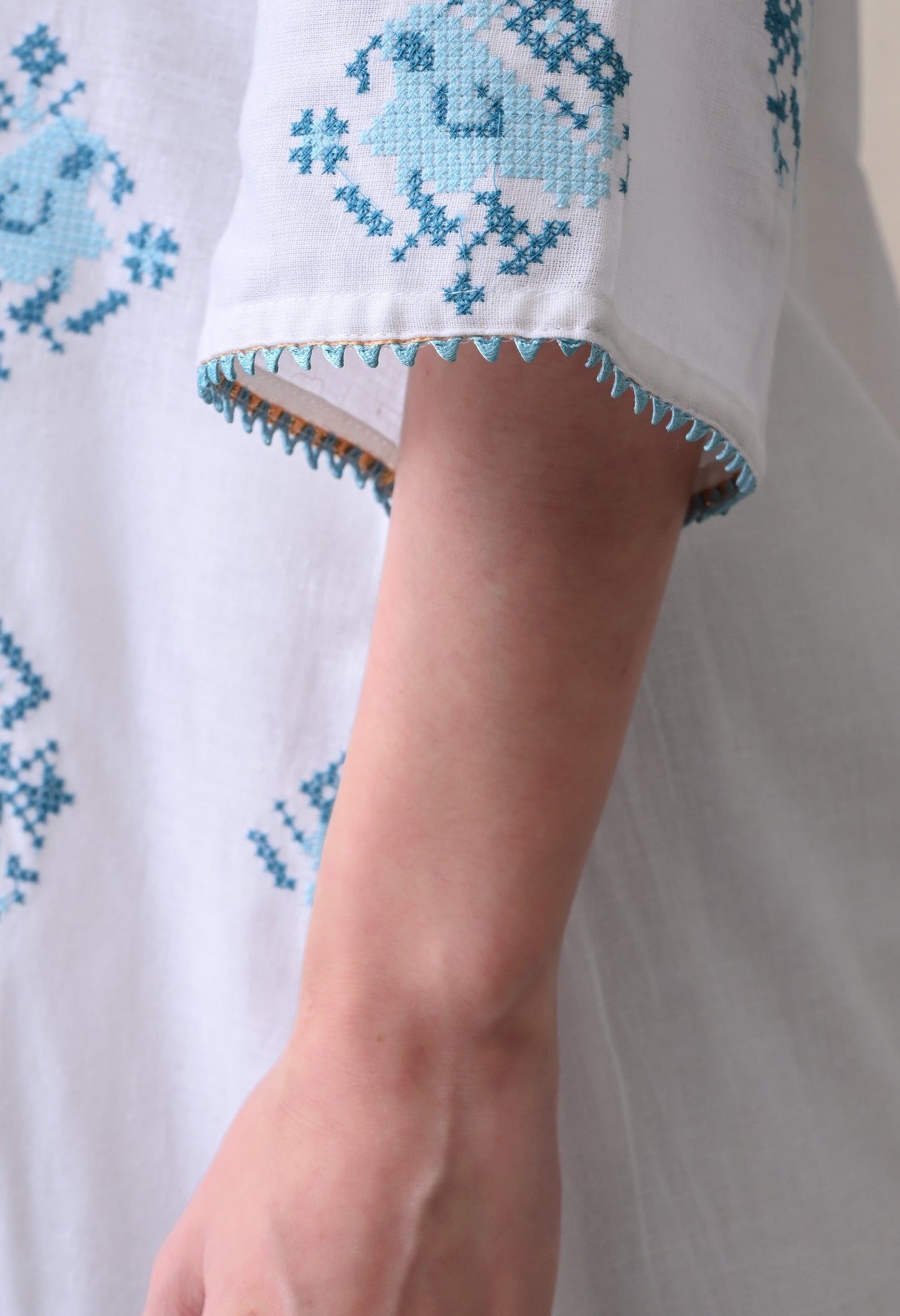 White & Turquoise Hand-Block Cotton Tunic & Wide-Leg Trouser Set