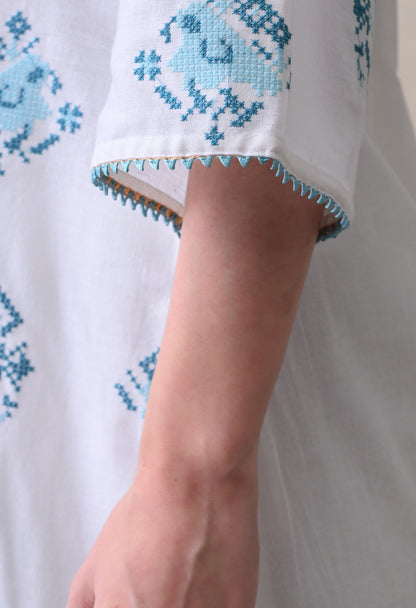 White & Turquoise Hand-Block Cotton Tunic & Wide-Leg Trouser Set
