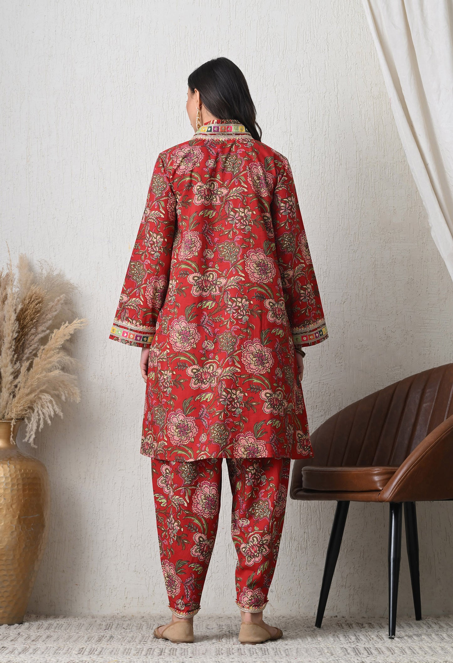 Crimson Garden Cotton Tulip Co-ord Set for Women with Tulip Pants & Embroidered Detail