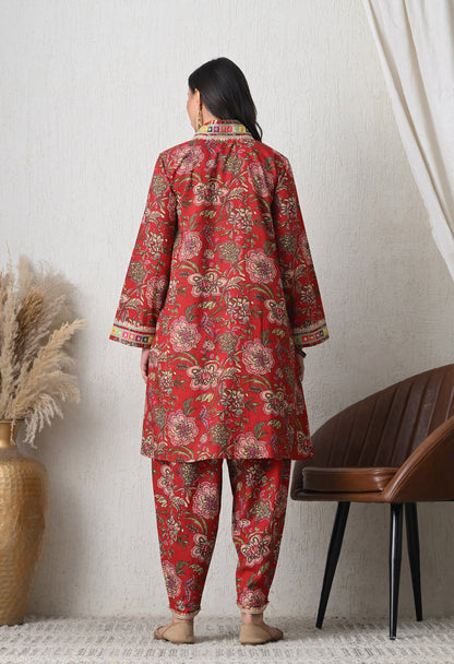 Crimson Garden Cotton Tulip Co-ord Set for Women with Tulip Pants & Embroidered Detail