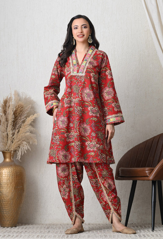 Crimson Garden Cotton Tulip Co-ord Set for Women with Tulip Pants & Embroidered Detail