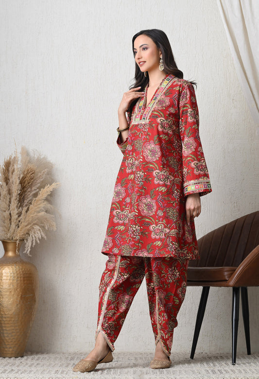 Crimson Garden Cotton Tulip Co-ord Set for Women with Tulip Pants & Embroidered Detail