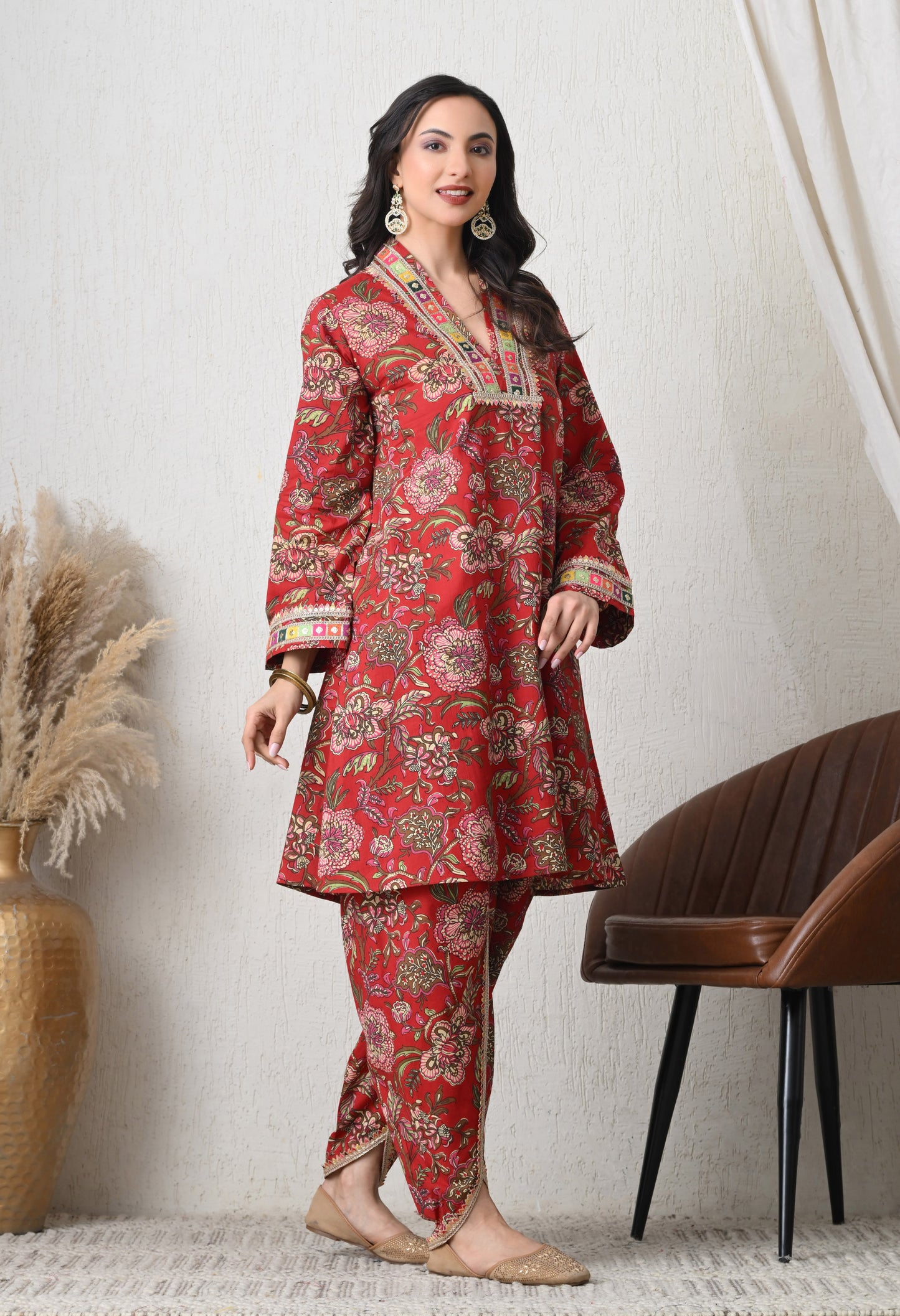 Crimson Garden Cotton Tulip Co-ord Set for Women with Tulip Pants & Embroidered Detail