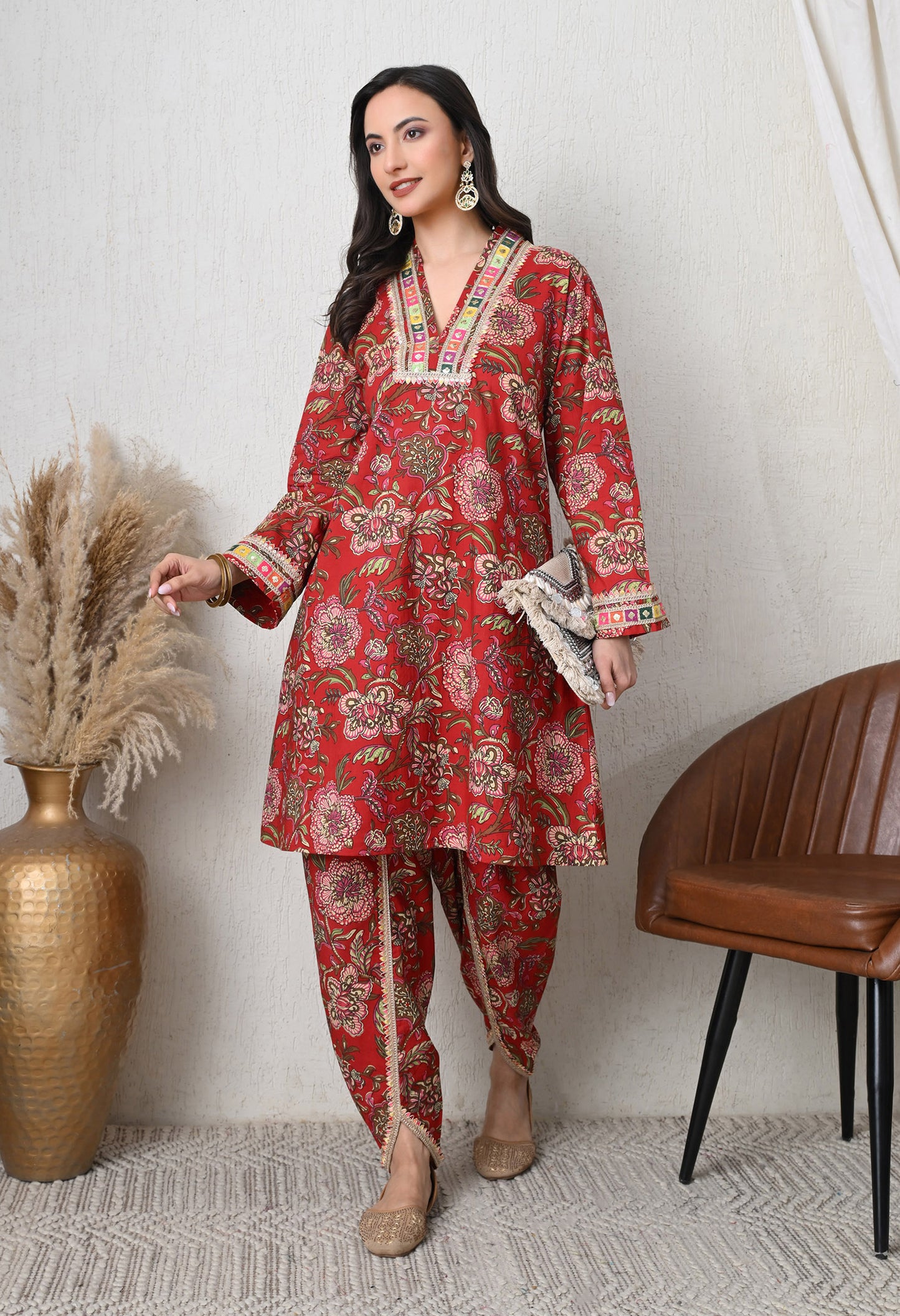 Crimson Garden Cotton Tulip Co-ord Set for Women with Tulip Pants & Embroidered Detail