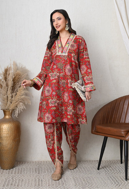 Crimson Garden Cotton Tulip Co-ord Set for Women with Tulip Pants & Embroidered Detail