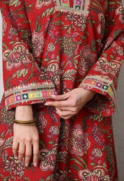 Crimson Garden Cotton Tulip Co-ord Set for Women with Tulip Pants & Embroidered Detail