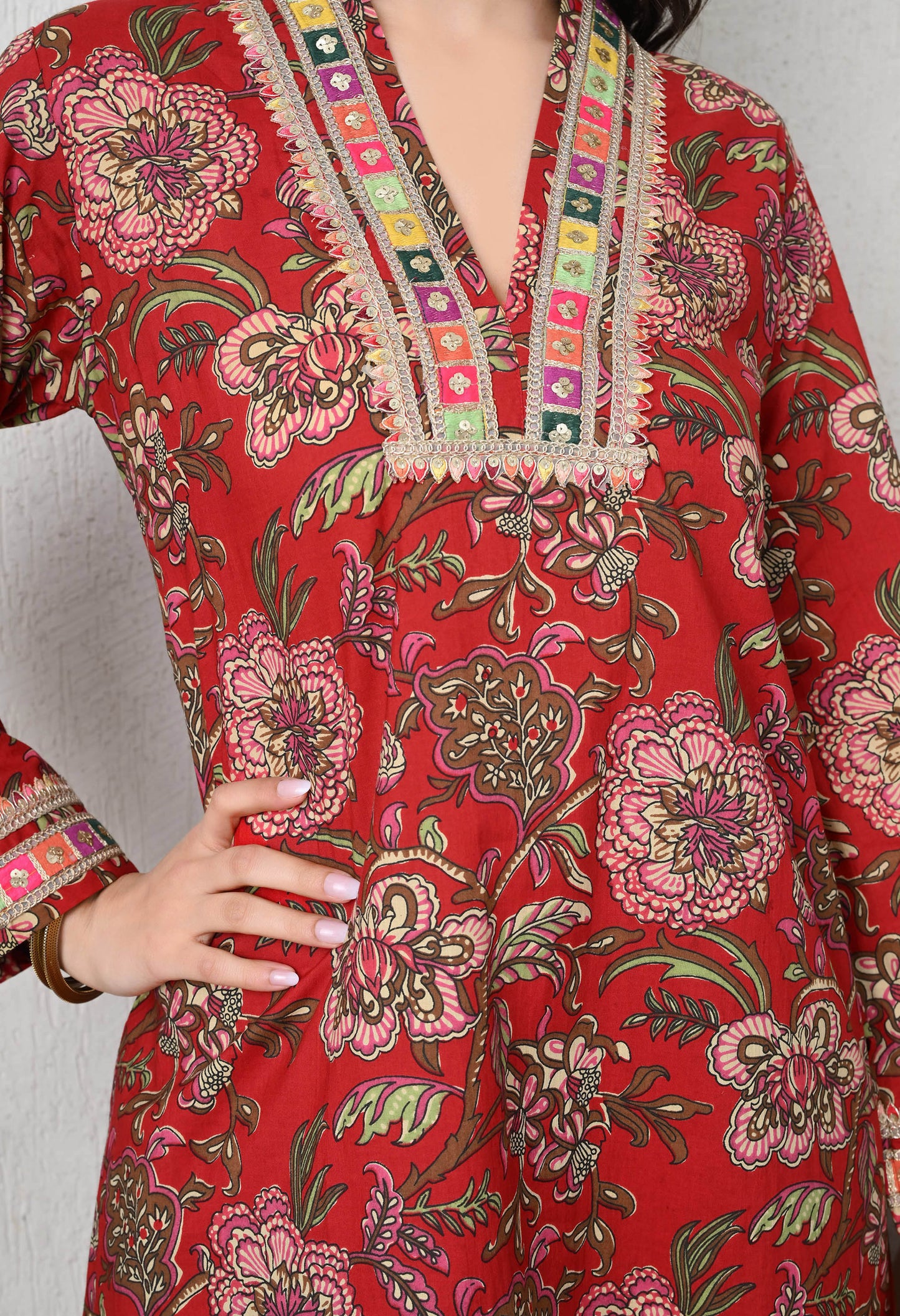 Crimson Garden Cotton Tulip Co-ord Set for Women with Tulip Pants & Embroidered Detail