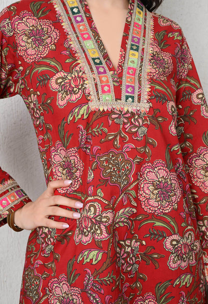 Crimson Garden Cotton Tulip Co-ord Set for Women with Tulip Pants & Embroidered Detail