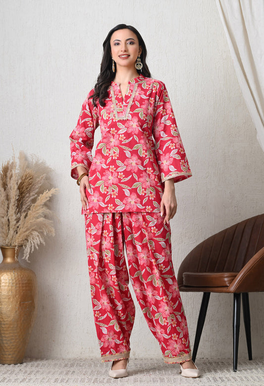Pink Petal Farshi Set – Floral Cotton Co-Ord with Scalloped Lace Tunic & Wide-Leg Farshi Trousers
