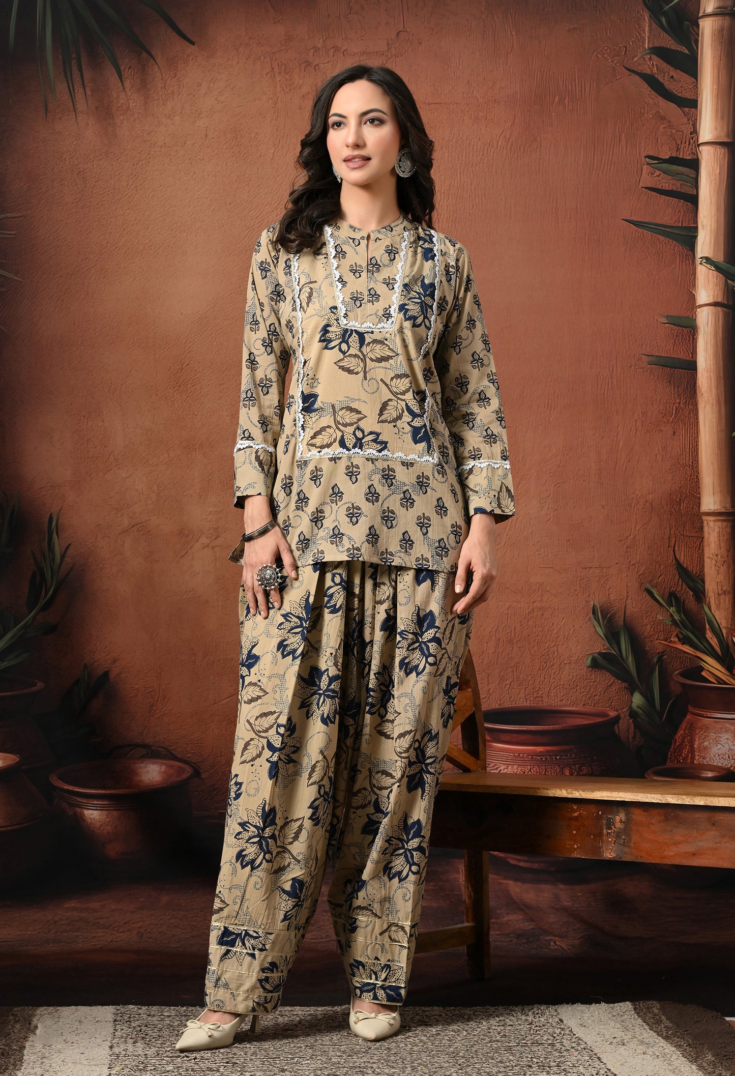 Grey & Navy Floral Hand-Block Cotton Co-ord Set – Farshi Salwar Ethnic Wear