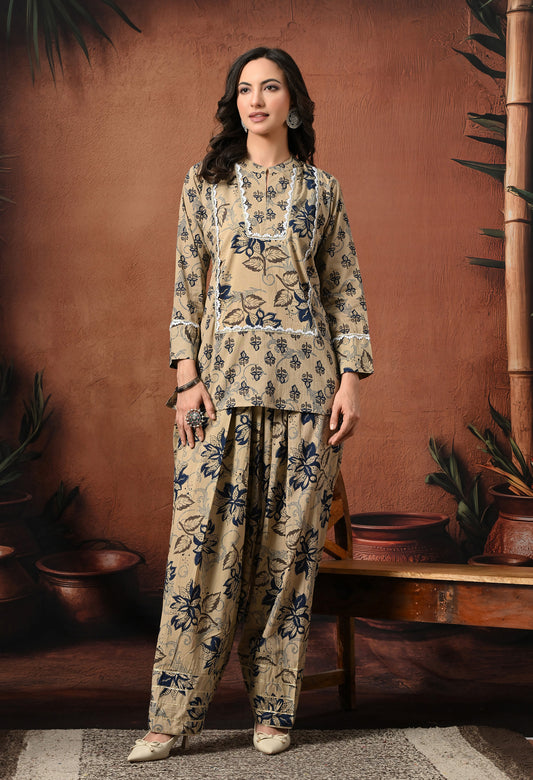 Grey & Navy Floral Hand-Block Cotton Co-ord Set – Farshi Salwar Ethnic Wear