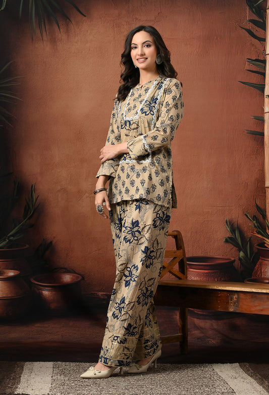 Grey & Navy Floral Hand-Block Cotton Co-ord Set – Farshi Salwar Ethnic Wear