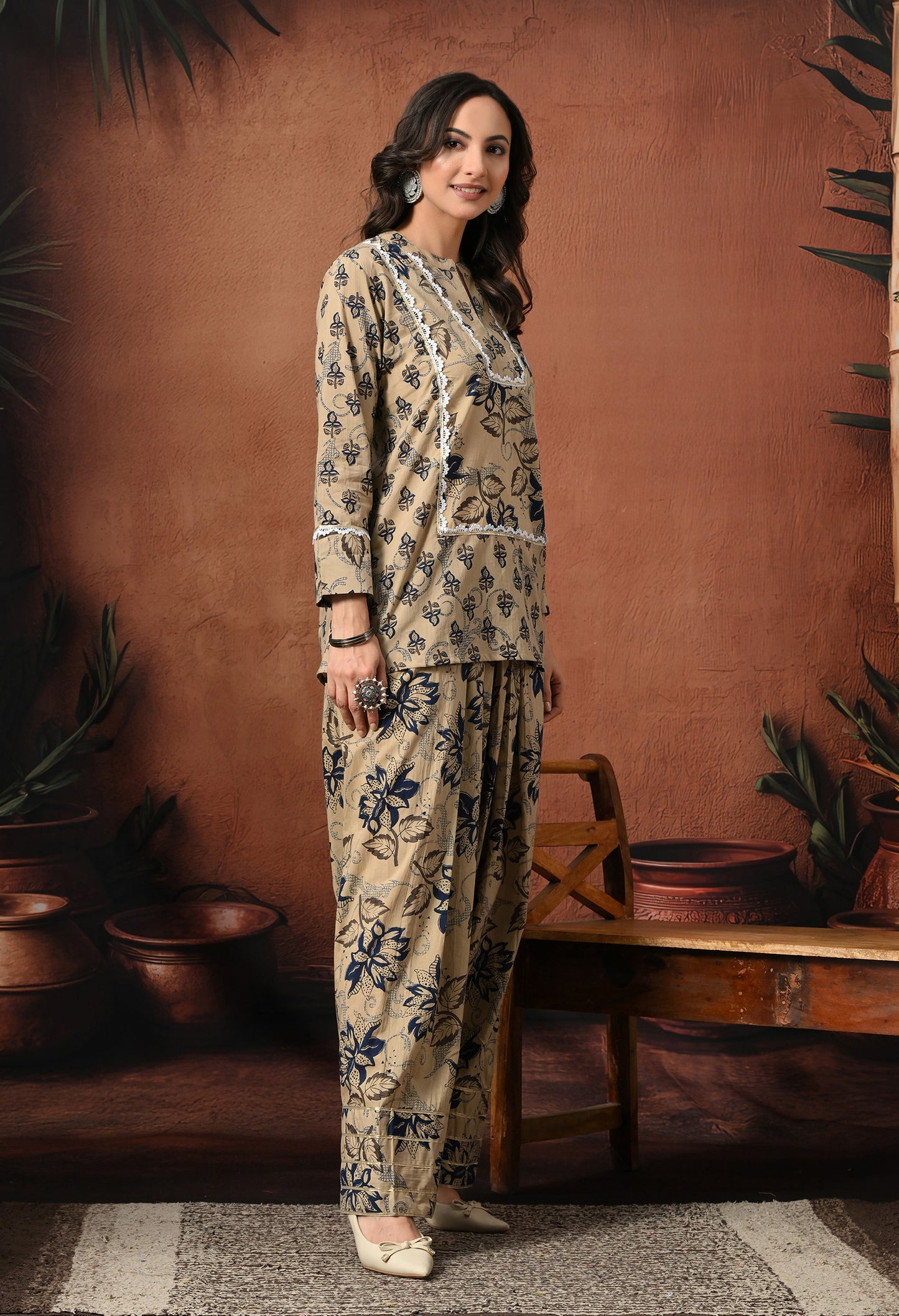 Grey & Navy Floral Hand-Block Cotton Co-ord Set – Farshi Salwar Ethnic Wear