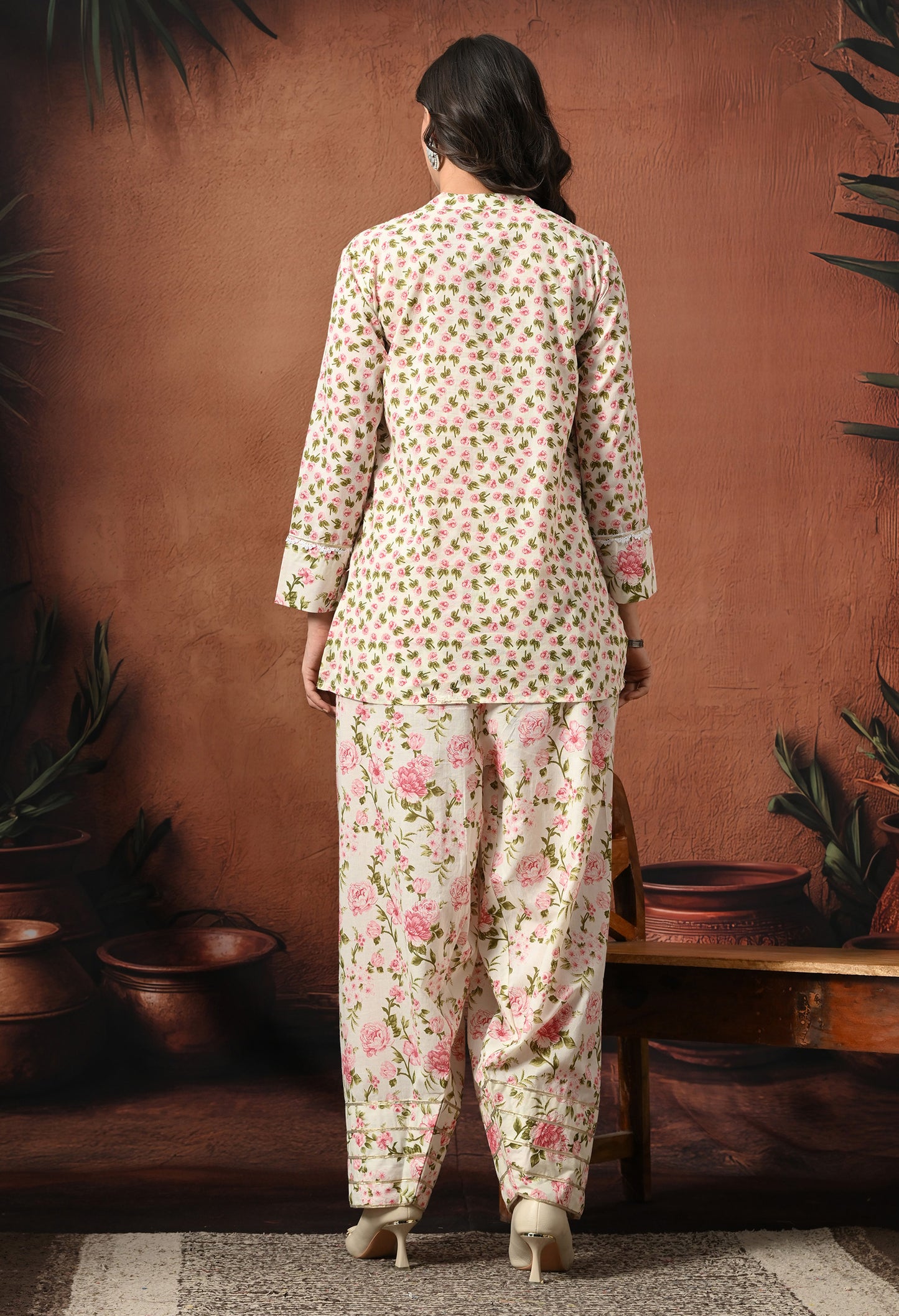 White & Pink Rose Hand-Block Cotton Co-ord Set – Farshi Salwar Ethnic Wear