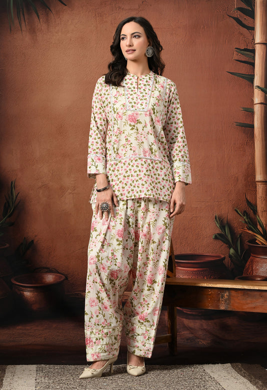 White & Pink Rose Hand-Block Cotton Co-ord Set – Farshi Salwar Ethnic Wear