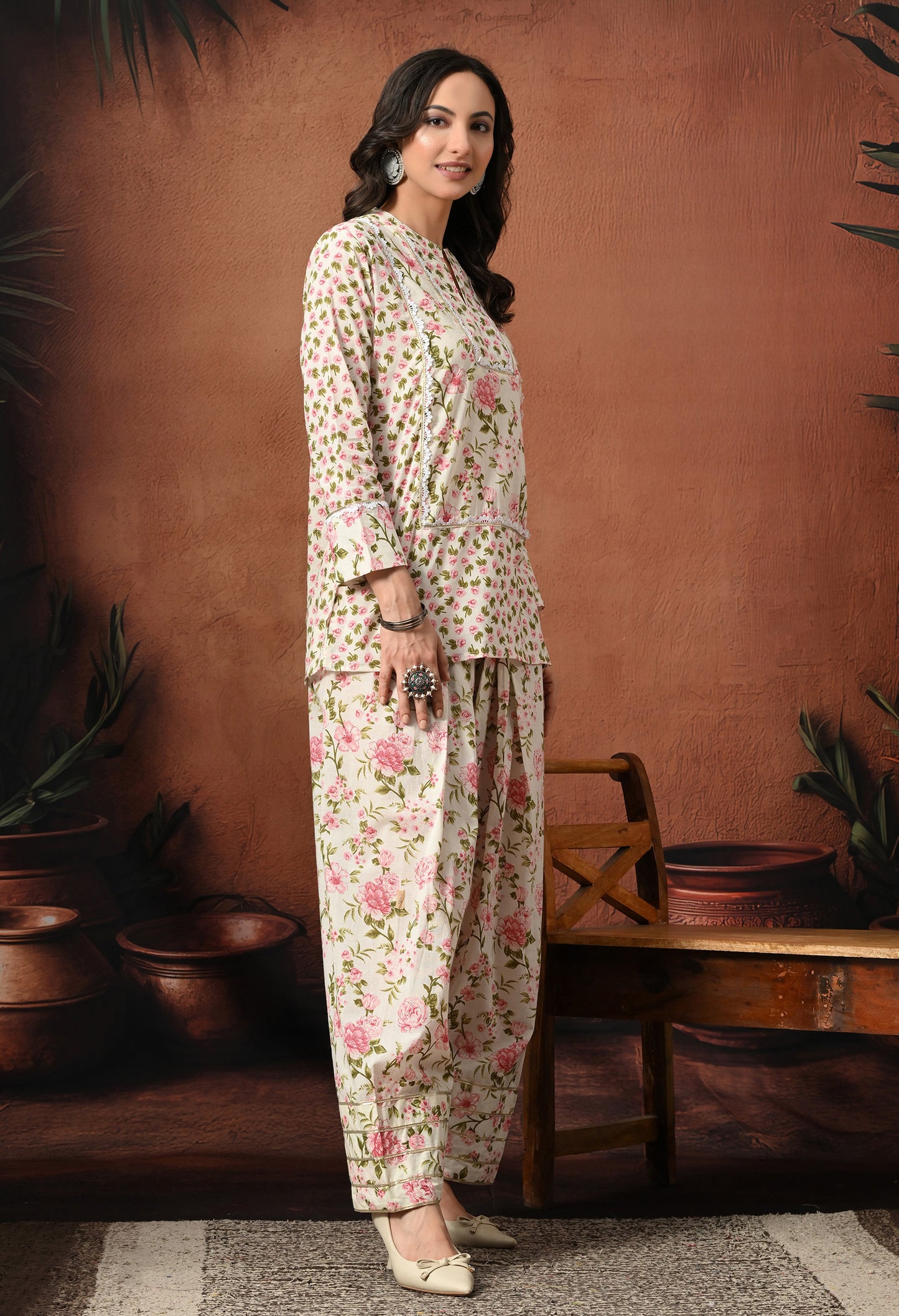 White & Pink Rose Hand-Block Cotton Co-ord Set – Farshi Salwar Ethnic Wear