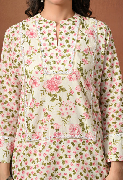 White & Pink Rose Hand-Block Cotton Co-ord Set – Farshi Salwar Ethnic Wear