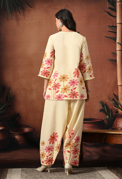 Off-White Cream Floral Hand-Block Cotton Co-ord Set – Farshi Salwar Ethnic Wear