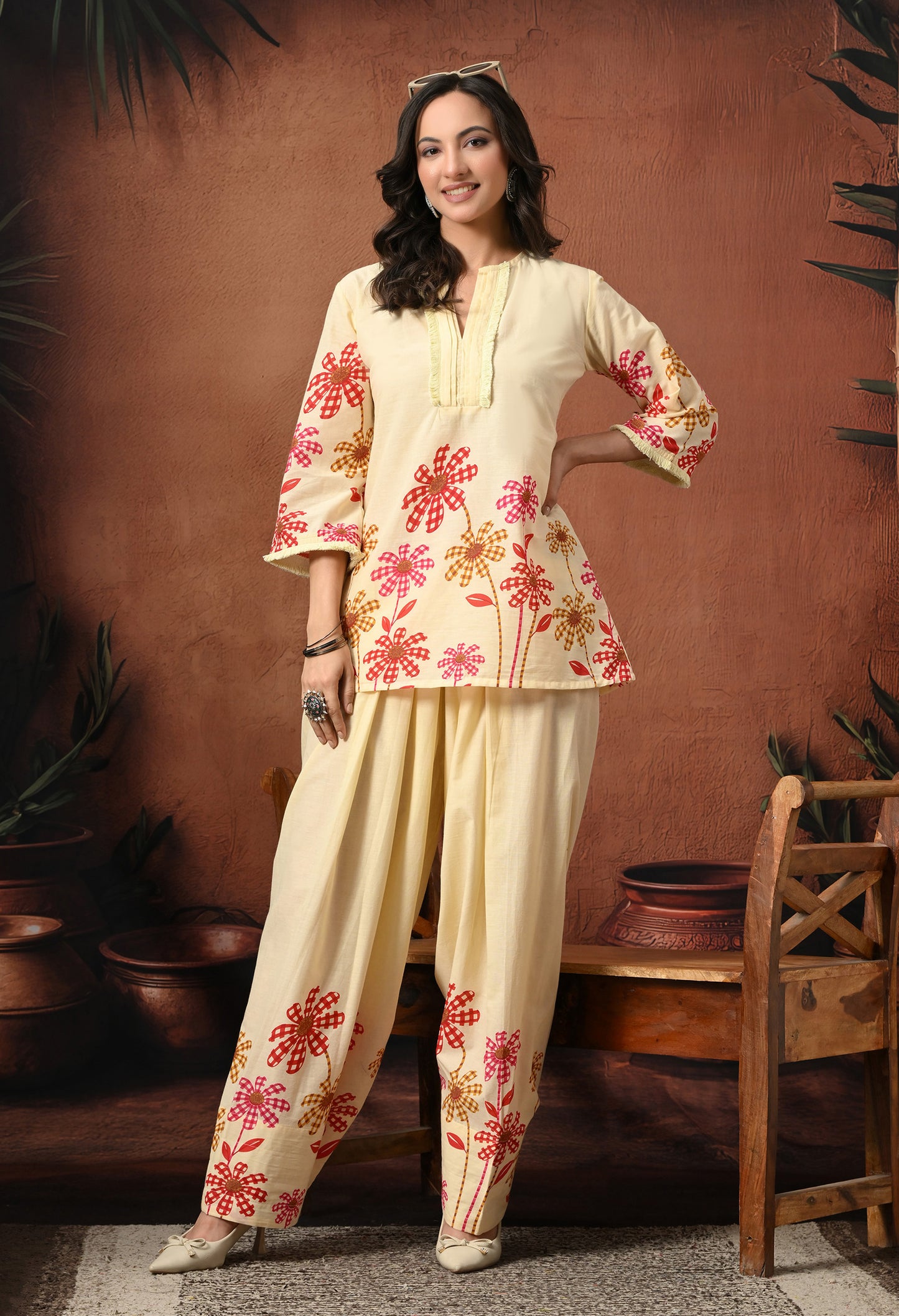 Off-White Cream Floral Hand-Block Cotton Co-ord Set – Farshi Salwar Ethnic Wear
