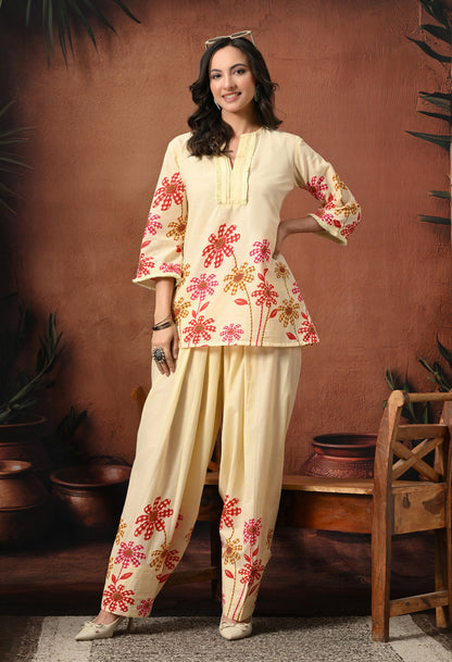 Off-White Cream Floral Hand-Block Cotton Co-ord Set – Farshi Salwar Ethnic Wear