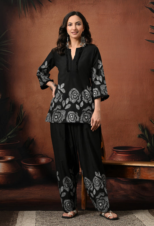 Black & White Rose Hand-Block Cotton Co-ord Set – Farshi Salwar Ethnic Wear