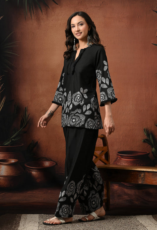 Black & White Rose Hand-Block Cotton Co-ord Set – Farshi Salwar Ethnic Wear