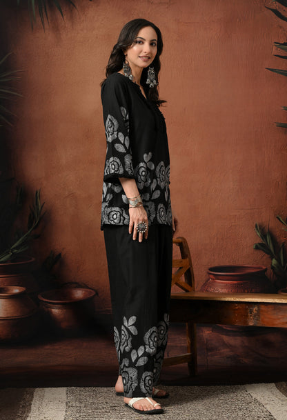 Black & White Rose Hand-Block Cotton Co-ord Set – Farshi Salwar Ethnic Wear