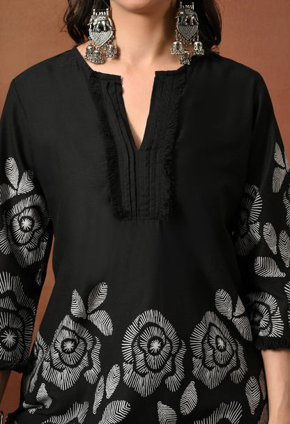 Black & White Rose Hand-Block Cotton Co-ord Set – Farshi Salwar Ethnic Wear
