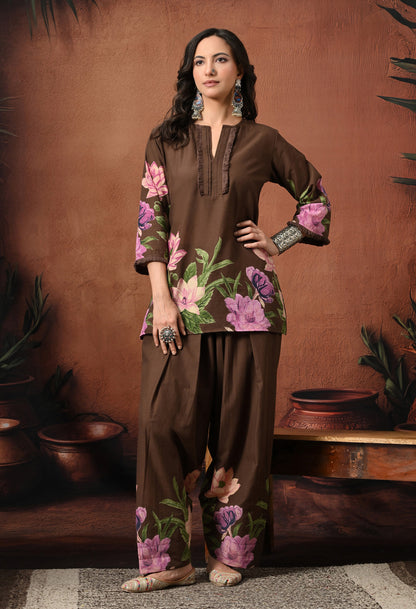 Brown Lily Floral Cotton Co-ord Set – Farshi Salwar Ethnic Wear
