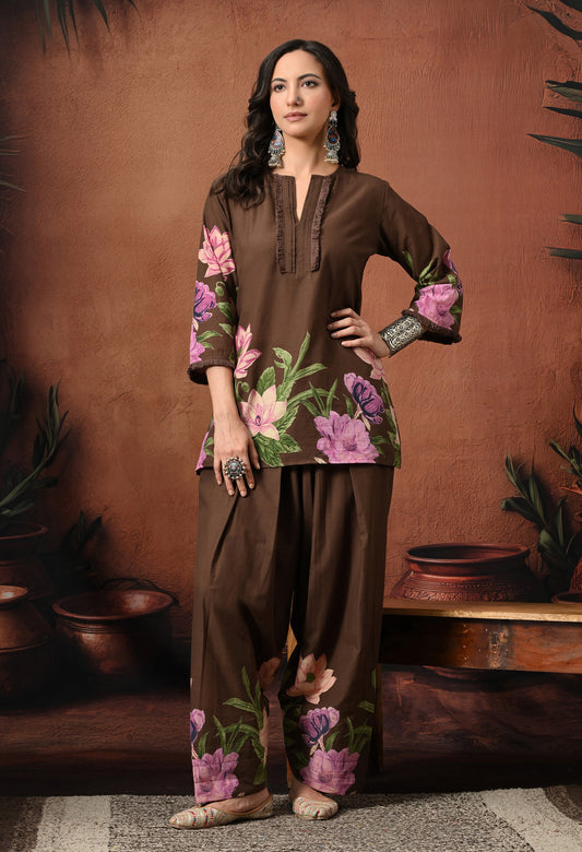 Brown Lily Floral Cotton Co-ord Set – Farshi Salwar Ethnic Wear