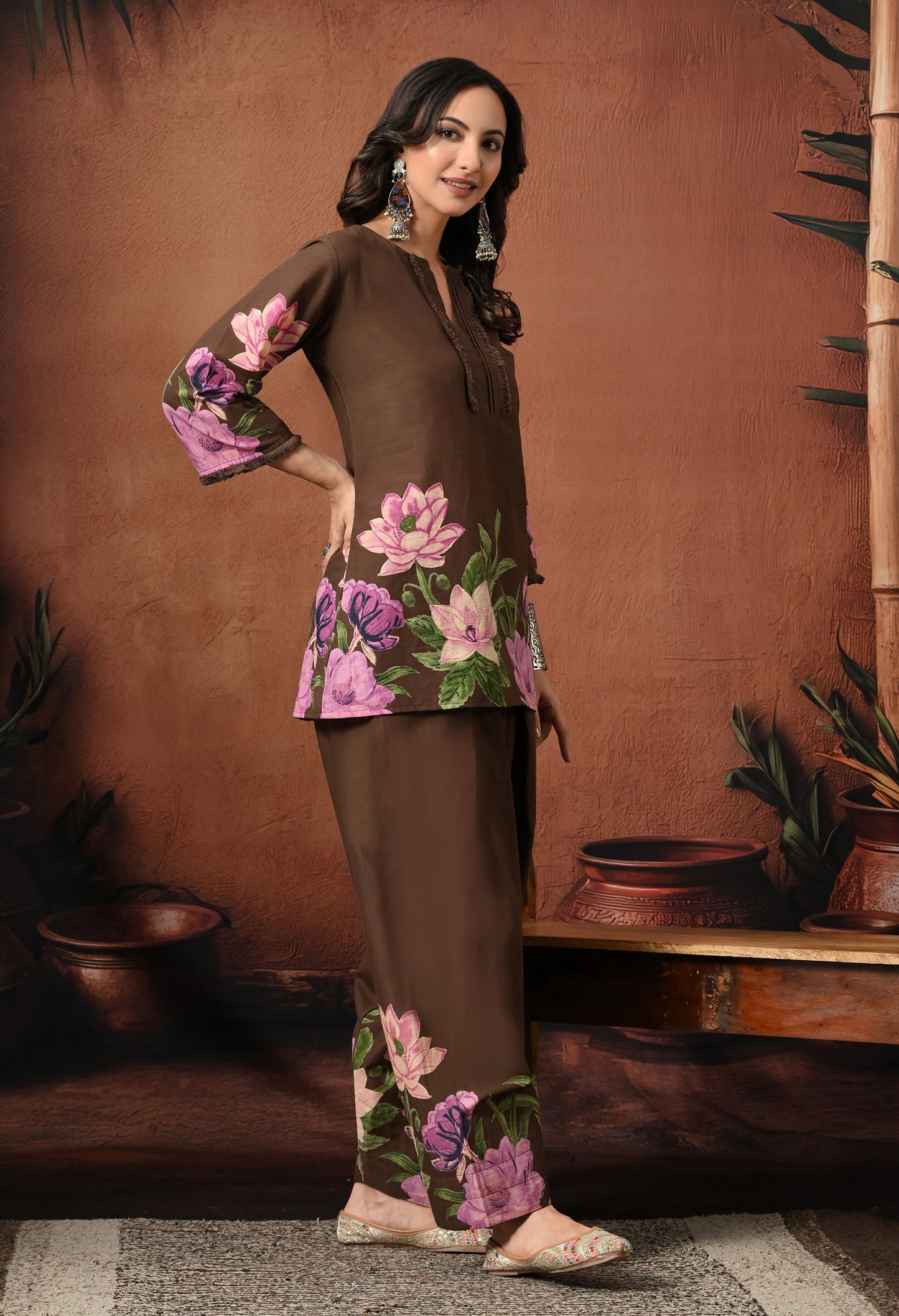 Brown Lily Floral Cotton Co-ord Set – Farshi Salwar Ethnic Wear
