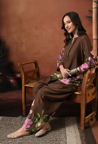 Brown Lily Floral Cotton Co-ord Set – Farshi Salwar Ethnic Wear