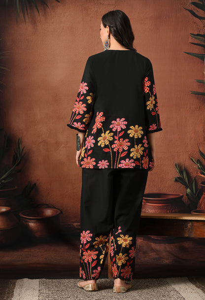 Black Multi-Flower Hand-Block Cotton Co-ord Set – Farshi Salwar Ethnic Wear