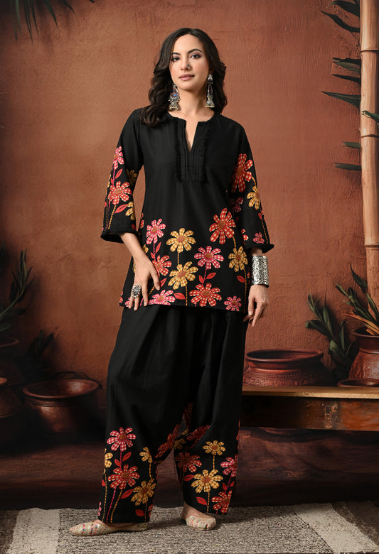Black Multi-Flower Hand-Block Cotton Co-ord Set – Farshi Salwar Ethnic Wear