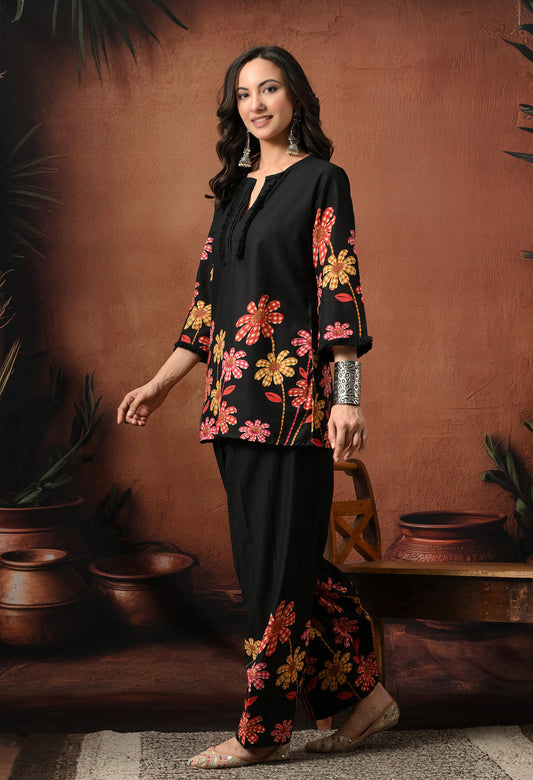Black Multi-Flower Hand-Block Cotton Co-ord Set – Farshi Salwar Ethnic Wear